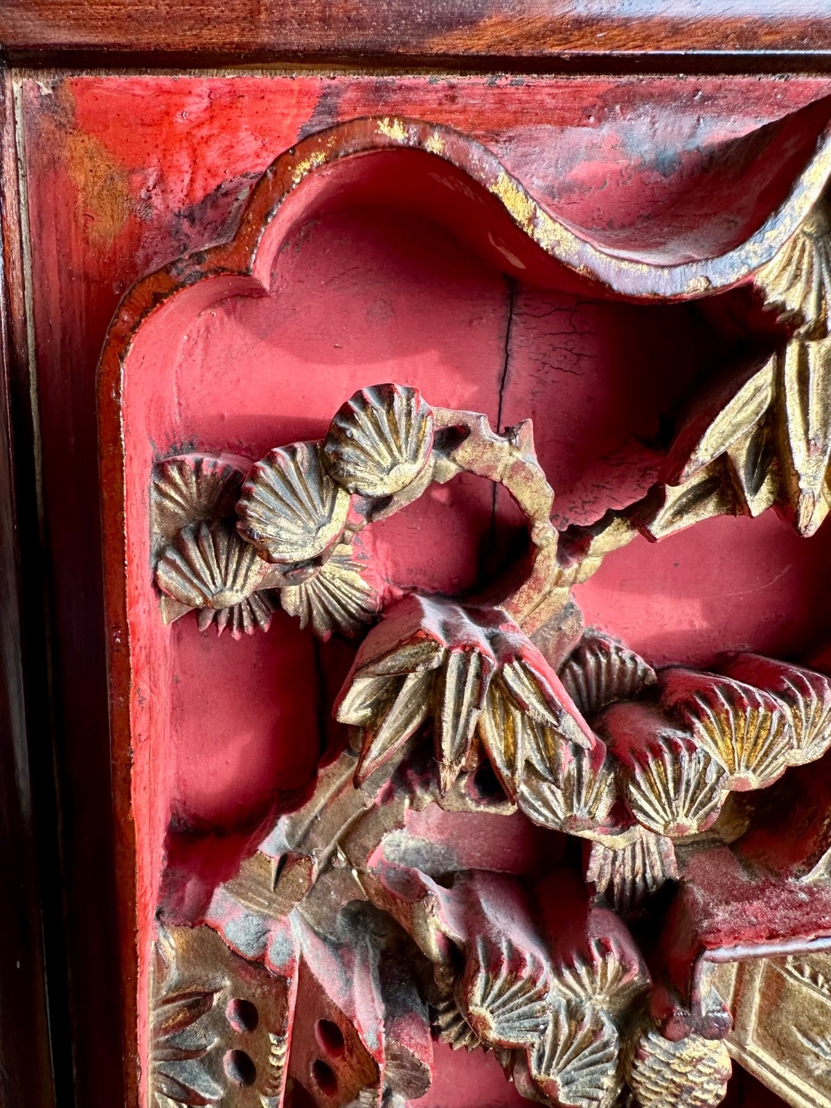 2 Antique Chinese Red & Gilt Wooden Deep Carved Panel Wood 19th Century