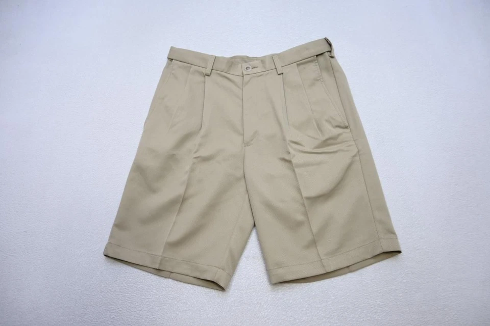 Shorts de golfe Haggar Cool18 bege plissado frontal cintura flexível 9,5" INS masculino tamanho 32 novo com etiquetas - Imagem 2 de 4