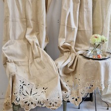 1 von 2 antiken bestickten Vorhängen, Raffvorhang, sand - beige, links