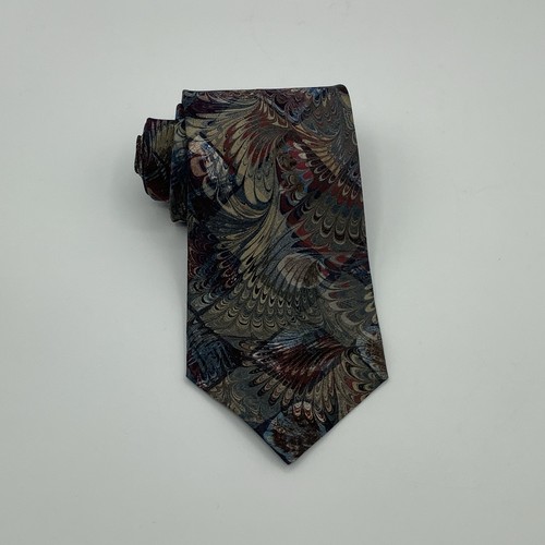 Gail Mackenzie Hand Marbled Silk Tie Blue Burgundy Feather Hand Made USA Necktie