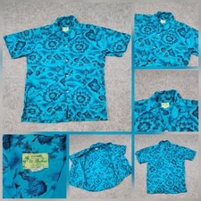 VTG 50s Ui-Maikai Mens L Large Hawaiian Aloha Blue Button Up Tropical T Shirt