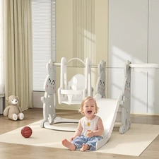 Qaba 4 in 1 Toddler Slide and Swing Set w/ Climber, Basketball Hoop, Gray