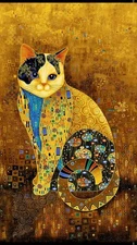 23" Fabric Panel | Timeless Treasures Cleo Golden Bejeweled Cat Print Scene