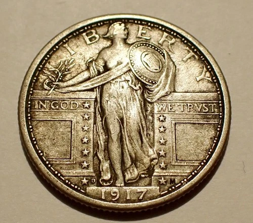 1917-D Type 1 Standing Liberty Silver Quarter, Nice Original XF/AU Coin