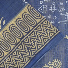Sanskriti Vintage Sarees Blue  Cream 100 Pure Cotton Geometric Print 5 Yd Sari
