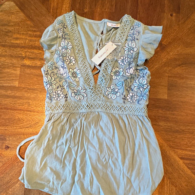 francesca's sage green Floral Embroidered Mini Dress Puff Sleeve V-Neck Tie S