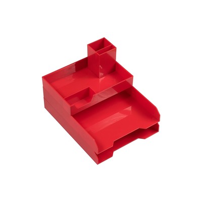 JAM PAPER Stackable 4 Piece Desktop Deluxe Set Red Plastic (344PRE)