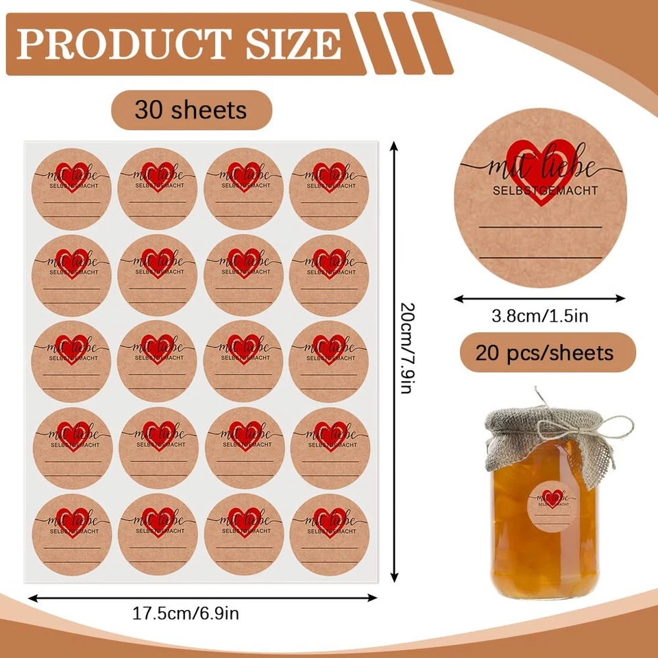 600 Stück Marmeladen Aufkleber Etiketten Kraftpaier Klebeetiketten zum beschr... - Bild 2 von 4