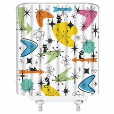 Mid Century Shower Curtain Modern Black Cat Retro Atomic Sputnik Abstract Geo...