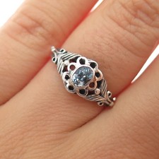 925 Sterling Silver Vintage Real Blue Topaz Flower Oxidized Ring Size 6.25