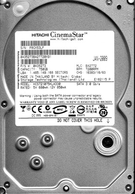 Hitachi HCS721075KLA330 pn: 0A35273 mlc: BA2772 750GB 2009 SATA 3.5'' HDD  A4-09