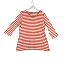 Liz Claiborne Women’s Med. Shirt Orange Striped V-Neck 3/4 Sleeve Longer Length