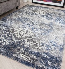 Navy Blue Grey Rugs Distressed Retro Design Livingroom Bed Room Hallway Rug