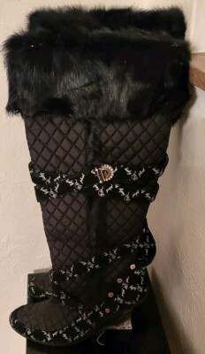 NEW Baby Phat Black Quilted Long Boots with FUR Wedge Heel Size 11* 