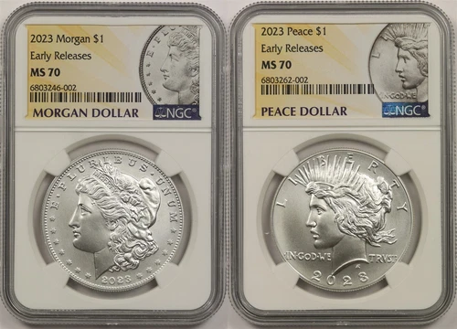 2023 $1 Morgan Peace Silver Dollar 2pc Set NGC MS70 E/R Morgan & Peace Label