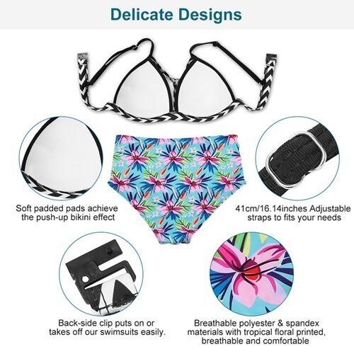 Bikini Badeanzug für Damen Blumen Gepolstert Push Up Bikini Sets Zweiteiler High-Wais - Bild 3 von 5