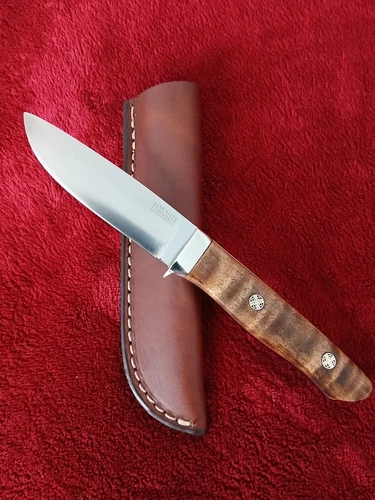 BARK RIVER KNIFE & TOOL, "BARN ERA" CURLY MAPLE, MOSIAC PINS, W/ SHEATH, NICE!