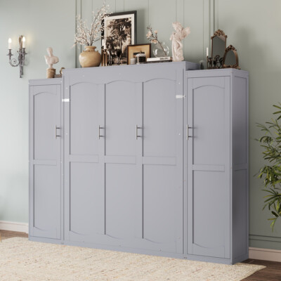 Full Size Murphy Bed,with Wardrobe and Shelf, Multifunctional Foldable Bed Frame