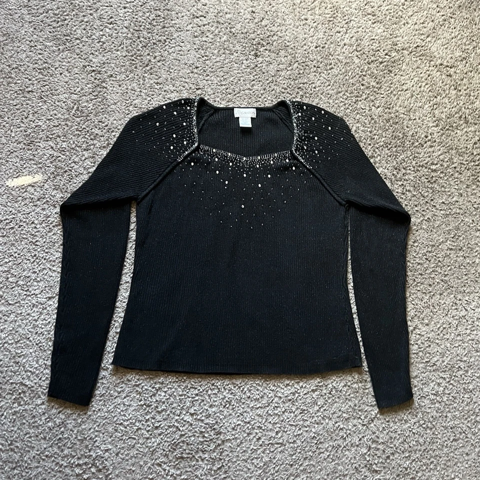 Blusa Vintage Gantos XL Mujer Negra Acanalada Cuentas Manga Larga Noche Años 90 Y2K Foto 2 de 4