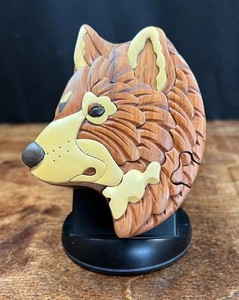 Wood Intarsia Wolf Head Puzzle Box - Secret Trinket Box