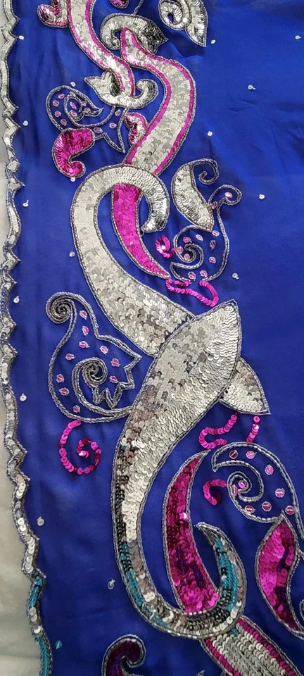 Ropa de fiesta sari azul real con secuencia rosa y plateada, blusa 38" Foto 2 de 4