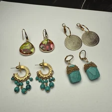 Dangle Drop / Hoop Pierced Earrings Lot Of 4 Gold Tone