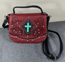 MONTANA WEST Red Flap Crossbody Purse Rhinestone Cross Embroidery Studs Western
