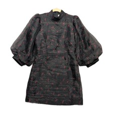 GANNI Organza Floral Mini Dress Women Size 6 EU 38 Puff Sleeve High Collar