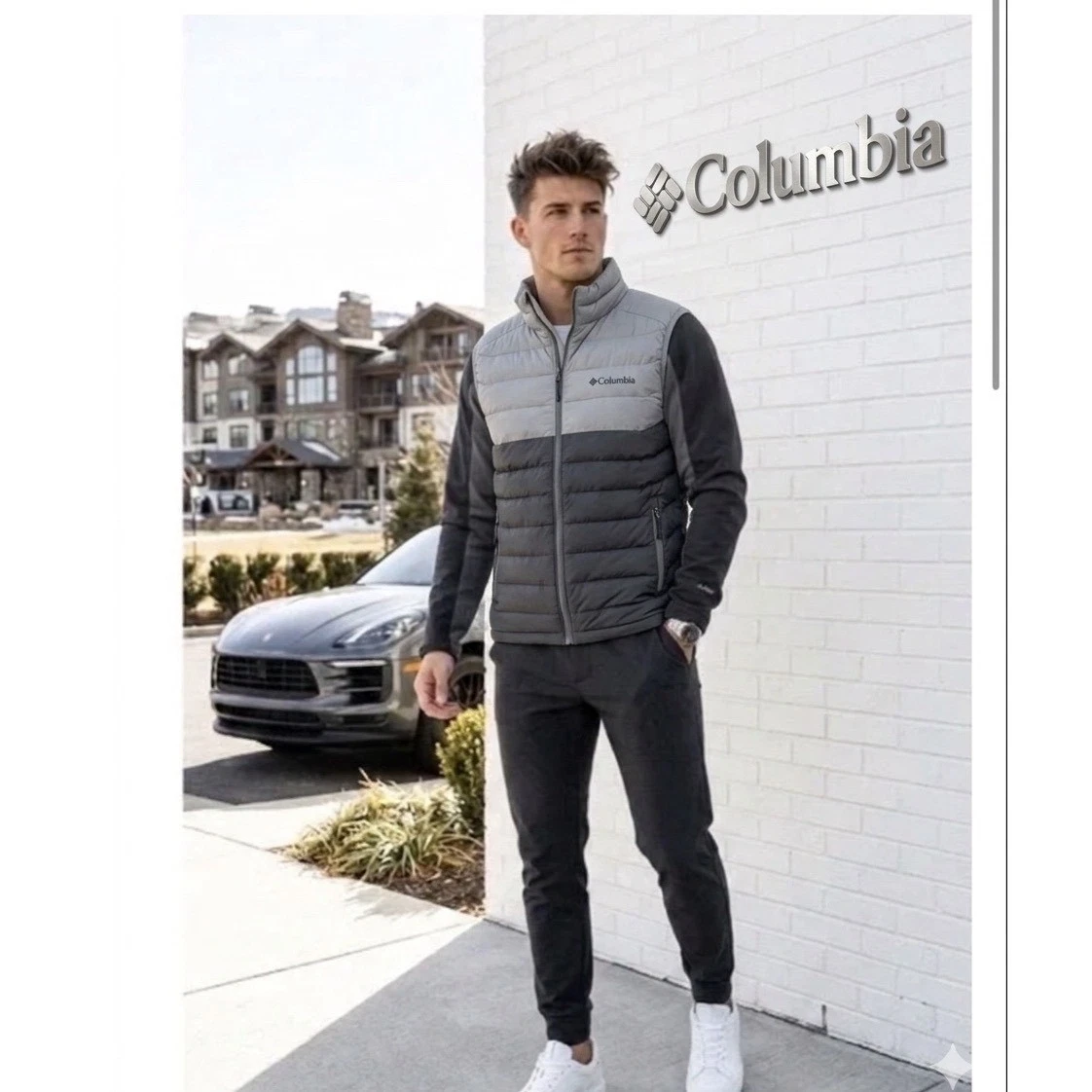 Columbia 🔥Mens 🎱Powder Lite Omni-Heat Puffer Vest Grey Two-Tone Full Zip Large