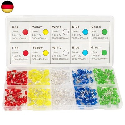 DiCUNO 5MM LED Leuchtdioden, LED Dioden Sortiment Kit Rundkopf mit 5 Farbe, 2