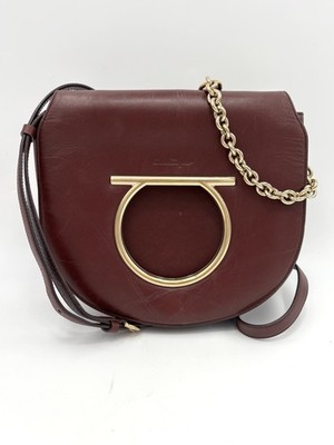 Salvatore Ferragamo Vela Leather Crossbody Shoulder Saddle Bag Burgundy Large