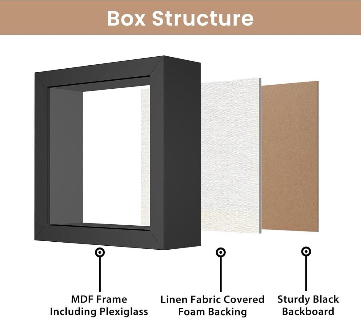 5x5 Black Small Shadow Box Picture Frame w/ Soft Linen Back & Push Pins Display 