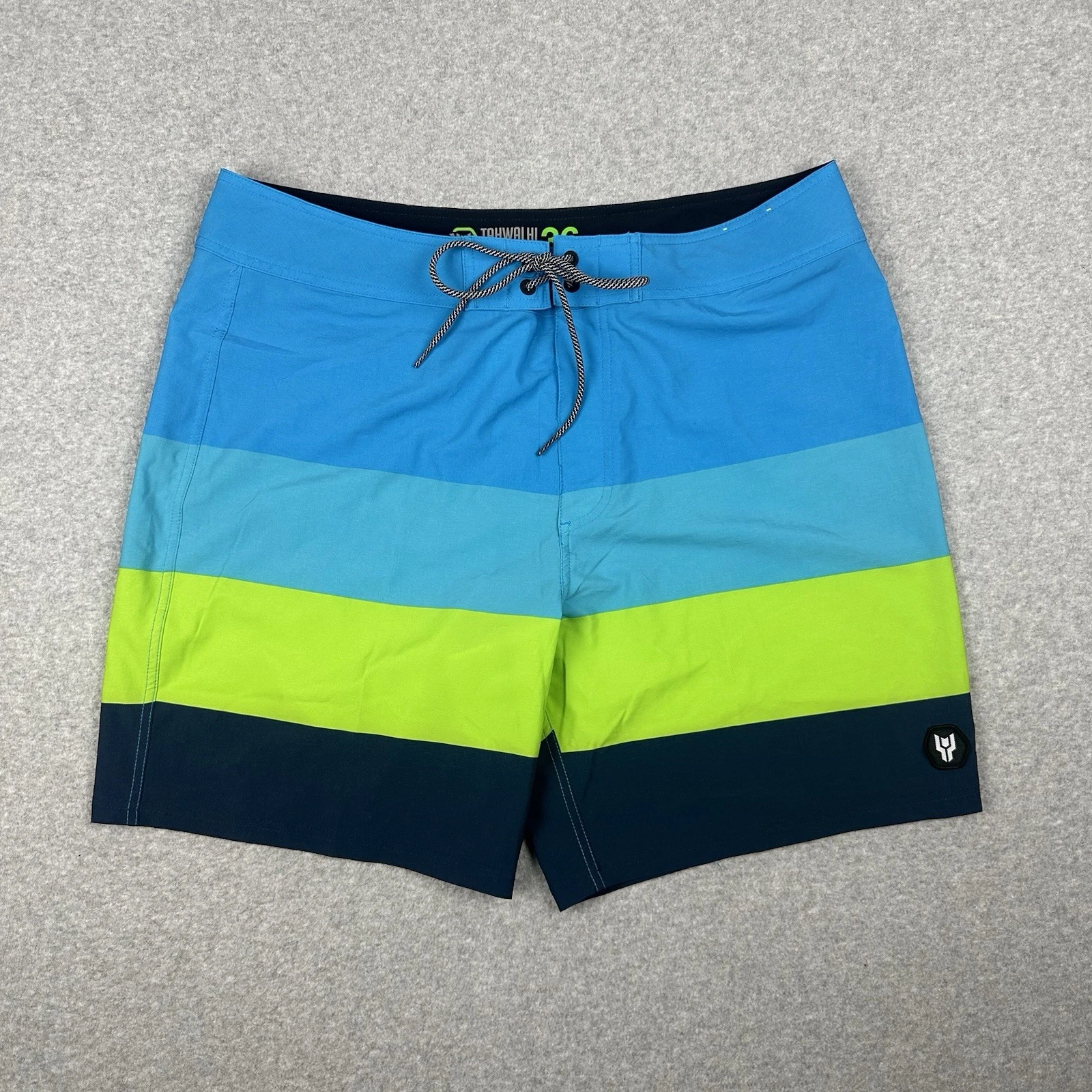 Tahwalhi Men's NWOT Boardshorts Size 36 Blue & Green 4 Way Stretch Drawstring