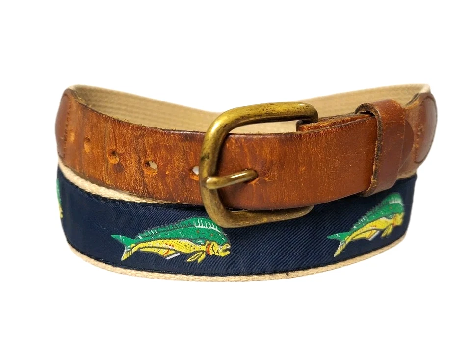 Cinto de couro vintage feito à mão Essex CT Mahi Mahi fivela de bronze tamanho 36 - Imagem 3 de 4