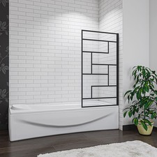 Image of 800/900x1300mm Black Fixed Bath Screen Abstract Grid Clear Tempered Glass