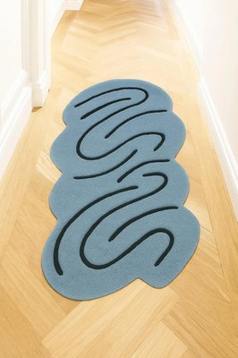 Modern Sky Blue Runner with Black Abstract Waves | Hand Tufted Wool Luxury Rug