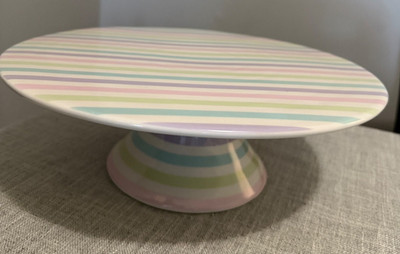   N D Exclusive Pastel Striped Ceramic Cake Stand   12'' Tall   Spring/Easter