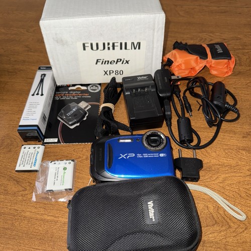 FUJIFILM FINEPIX XP 80 BLUE #5TA14350 SHOCK & WATERPROOF CAMERA W/ Accessories