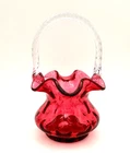 Vintage Fenton Cranberry Glass Coin Dot Optic 8.25" Basket - Twtist Handle