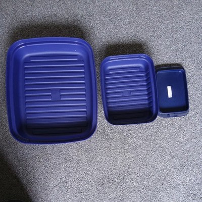 3 Vintage Tupperware Brot & Knacker Behälter + Butterdose - dunkelblau/grau gesprenkelt
