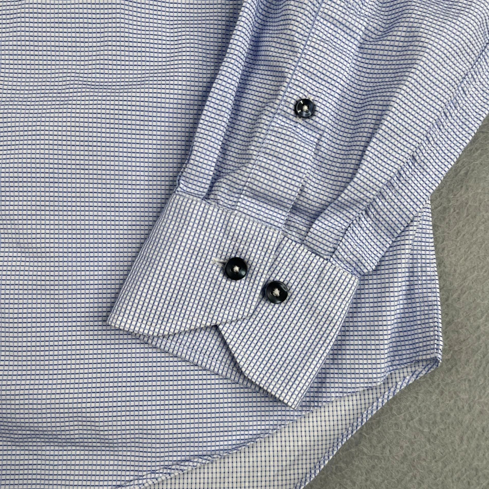 Lorenzo UOMO Shirt 15.5 Blue Mini Check Trim Fit Button Up Long Sleeve Mens - Image 2 of 4