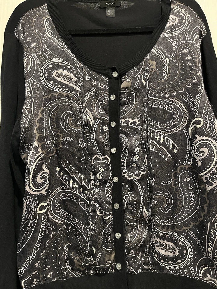 Suéter Cárdigan Alfani Paisley Seda/Rayón Negro/Gris-Talla XL Foto 3 de 4