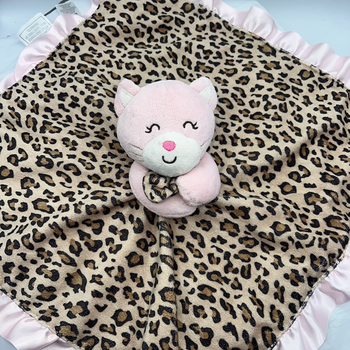 Carters Security Blanket White/ Pink Bear Leopard Blankie Lovey Pink Satin  Trim