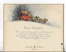 VTG CHRISTMAS ART DECO CARD 4.75x3.75 Horses & Red Stagecoach Rush Thru the Tree