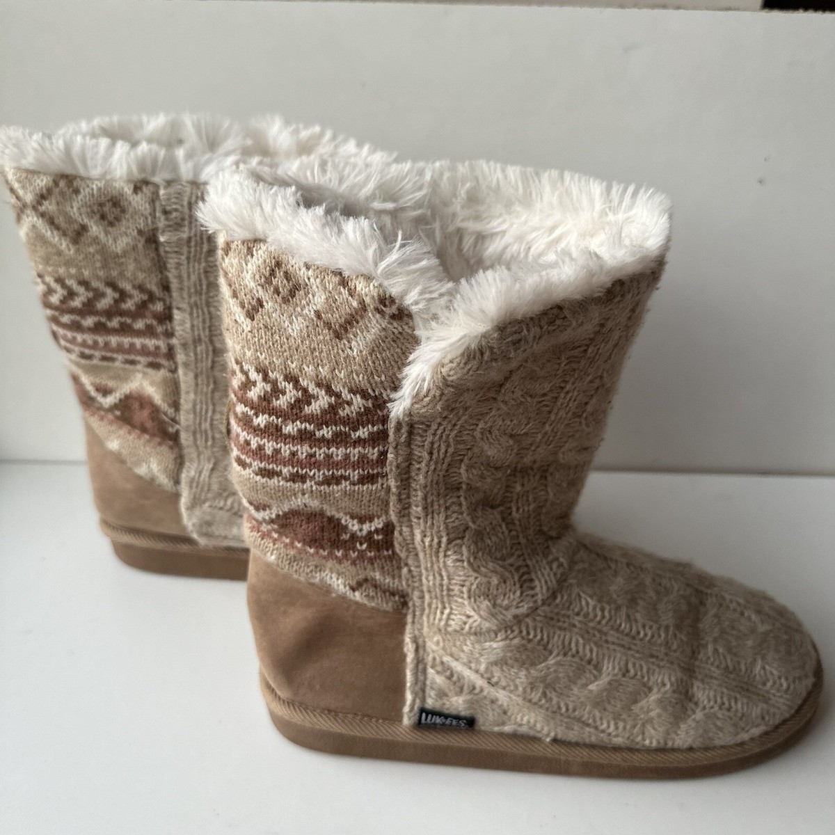 Women's MUK LUKS Clementine Boots Brown Cable Knit Pull-On Size