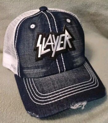 SLAYER Baseball Cap Denium & White Mesh Distressed Slayer Rock Band Hat