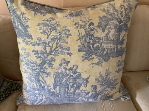 PILLOW COVER Euro Waverly French Toile , Blue/yellow Linen Pillow Cover 24x24