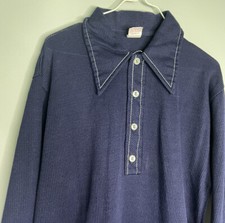 Vtg 60s 70s Shirt Donmoor Pointed Collar Navy Ribbed Youth 16 Made In USA