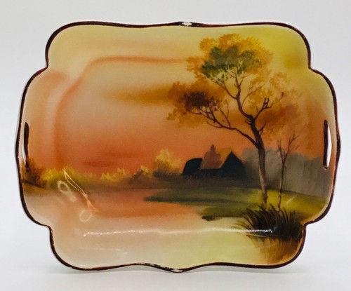Plato Noritake M pintado a mano Sm festoneado borde dorado puesta de sol casa árbol lago Japón - Imagen 2 de 14