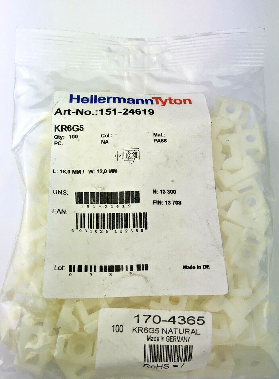 HellermannTyton Cable Tie Mount KR6G5-N66-NA-C1 Screw Mounted Base. PACK OF 100.